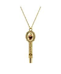 Gold Tone Pink Flower Decal Whistle Necklace