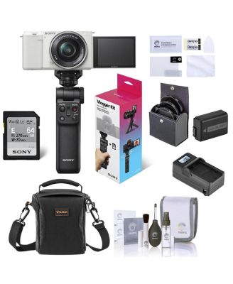 Sony ZV-E10 Mirrorless Vlog Camera with 16-50mm Lens, White - Bundle with Vlogger Accessory Kit, Shoulder Bag, Screen Protector, Extra Battery,