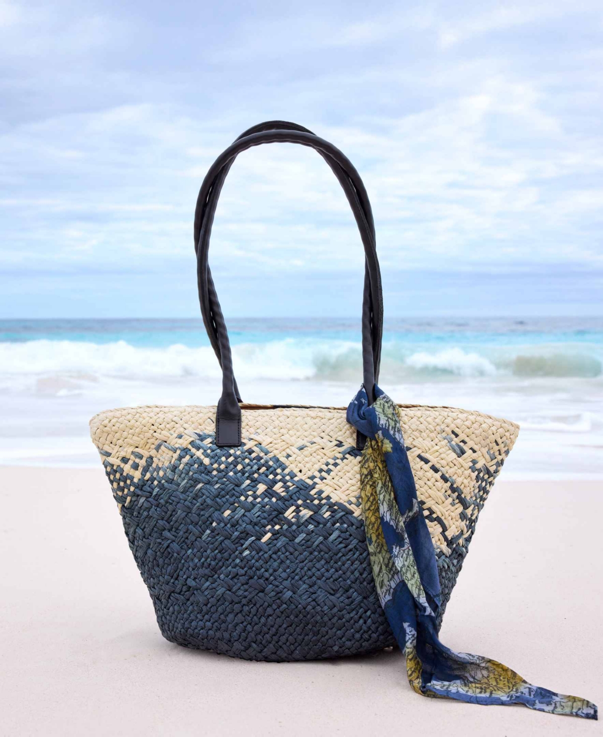 Calypso Medium Woven Straw Tote with Greek Floral Scarf - Navy/natural