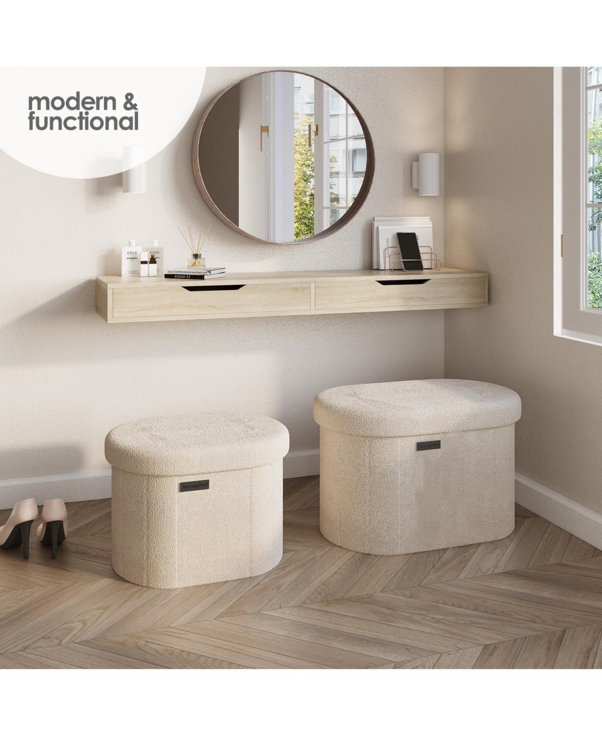 Ovel Boucle Ottoman Storage Bench – Modern Foot Stool