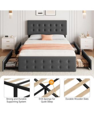 Queen Size Bed Frame with 4 Storage Drawers and Headboard, Linen Upholstered Platform Bed Frame with Wooden Slats Support, Button Tufted Design, No Box Spring Needed