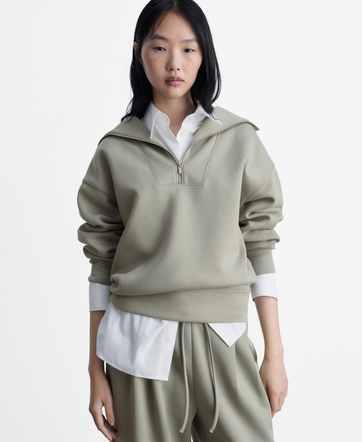 Mango Quarter Zip Sweatshirt In Khaki