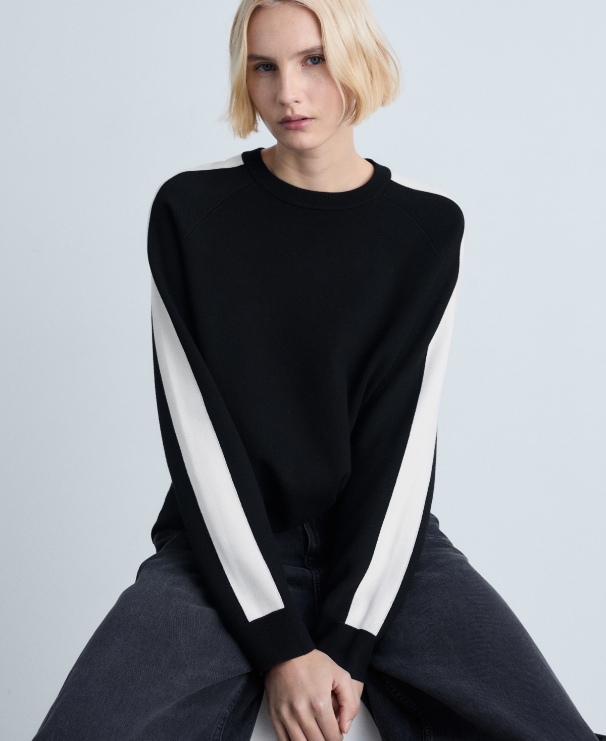 Mango Stripe Sleeve Crewneck Sweater In Black