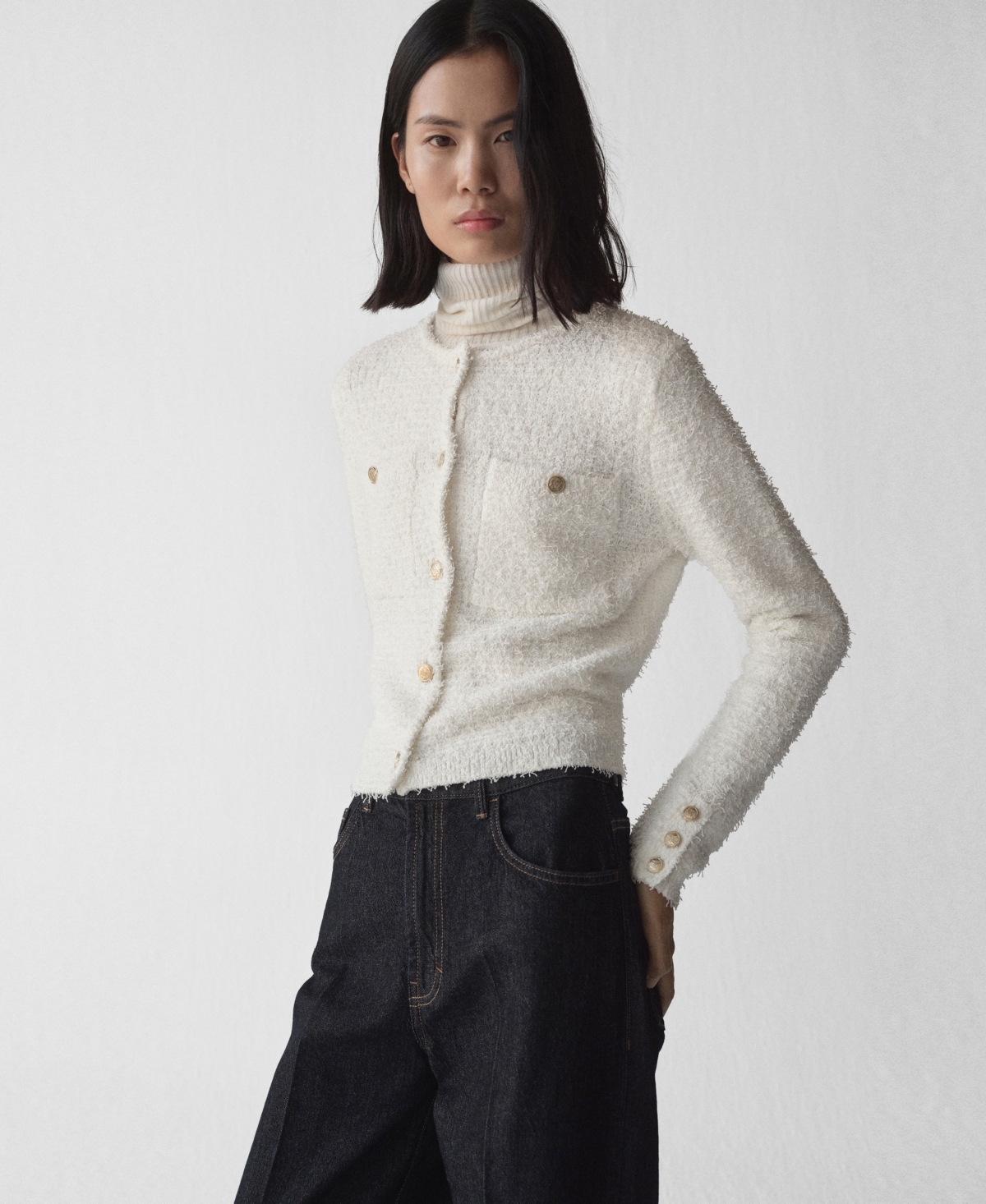 Shop Mango Women's Jewel Buttoned Tweed Sweater In Ecru