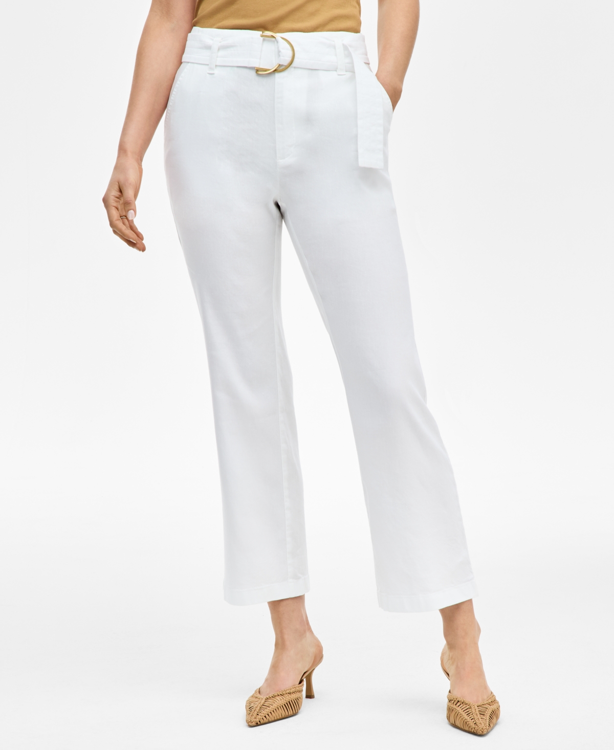 Inc International Concepts Women's Belted Linen-blend Cropped Pants, Exclusively At Macy's In Bright White