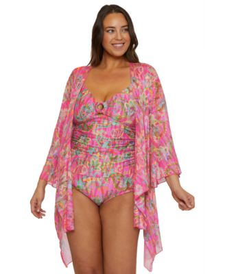 Plus Size Polynesia Tie-Front Tunic Swim Cover-Up