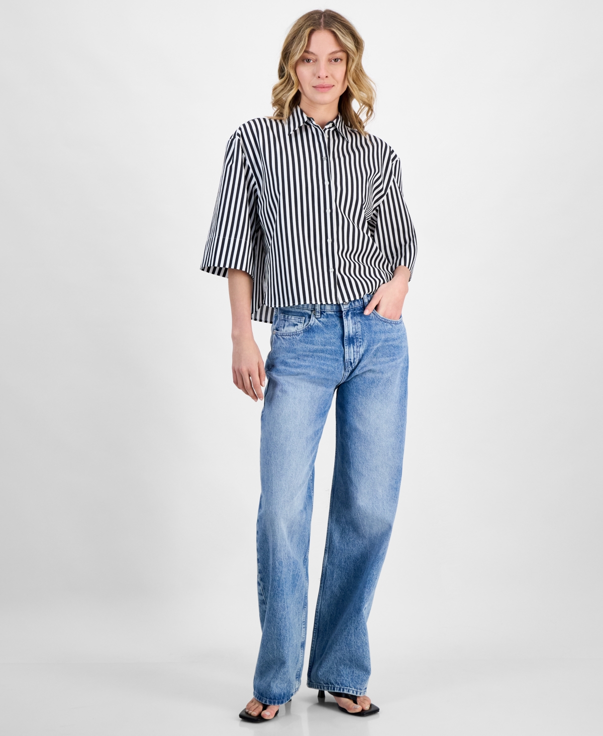 Hugo Boss Women's Striped Cotton Elbow-sleeve Button-front Shirt In Open