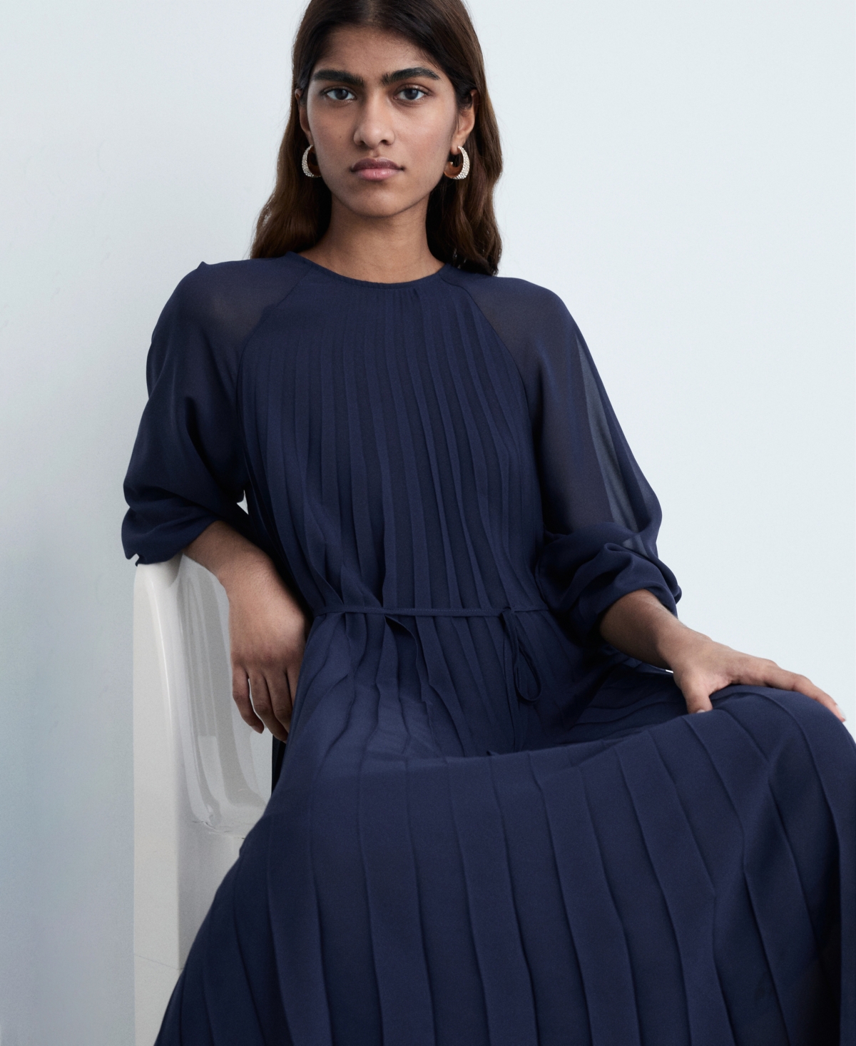 Shop Mango Women's Bow Belt Pleated Dress In Navy