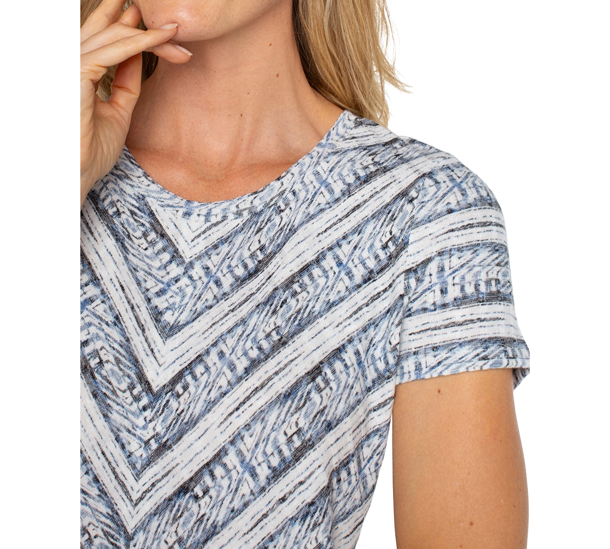Liverpool Los Angeles Liverpool Plus Size Ikat-print Mitered Knit Short-sleeve Top In Indigo Ikat Stripe