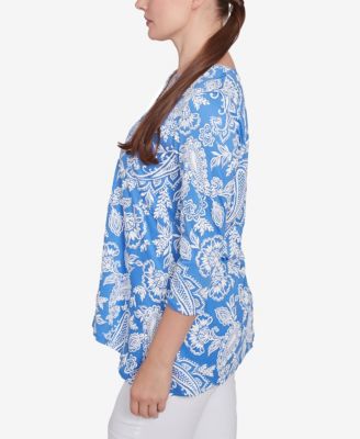 Petite Jacobean Paisley Puff Print V-Neck Top