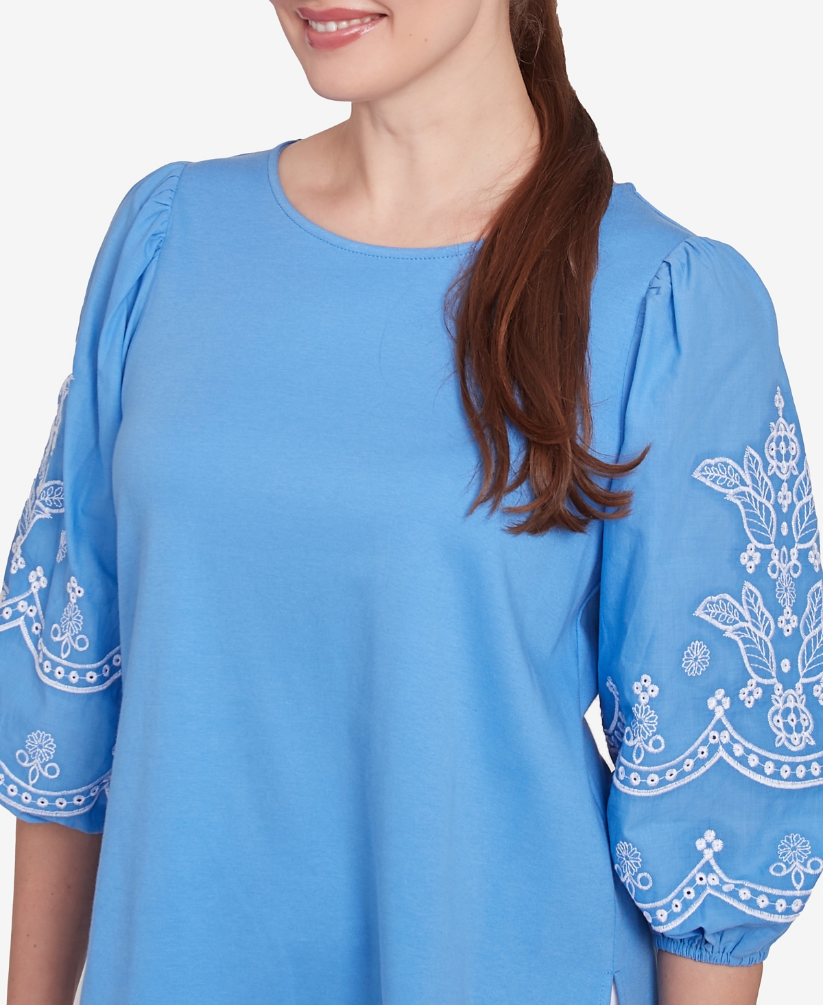 Ruby Rd. Petite Bella Blue Embroidered Three Quarter Sleeve Top In Blue Bird