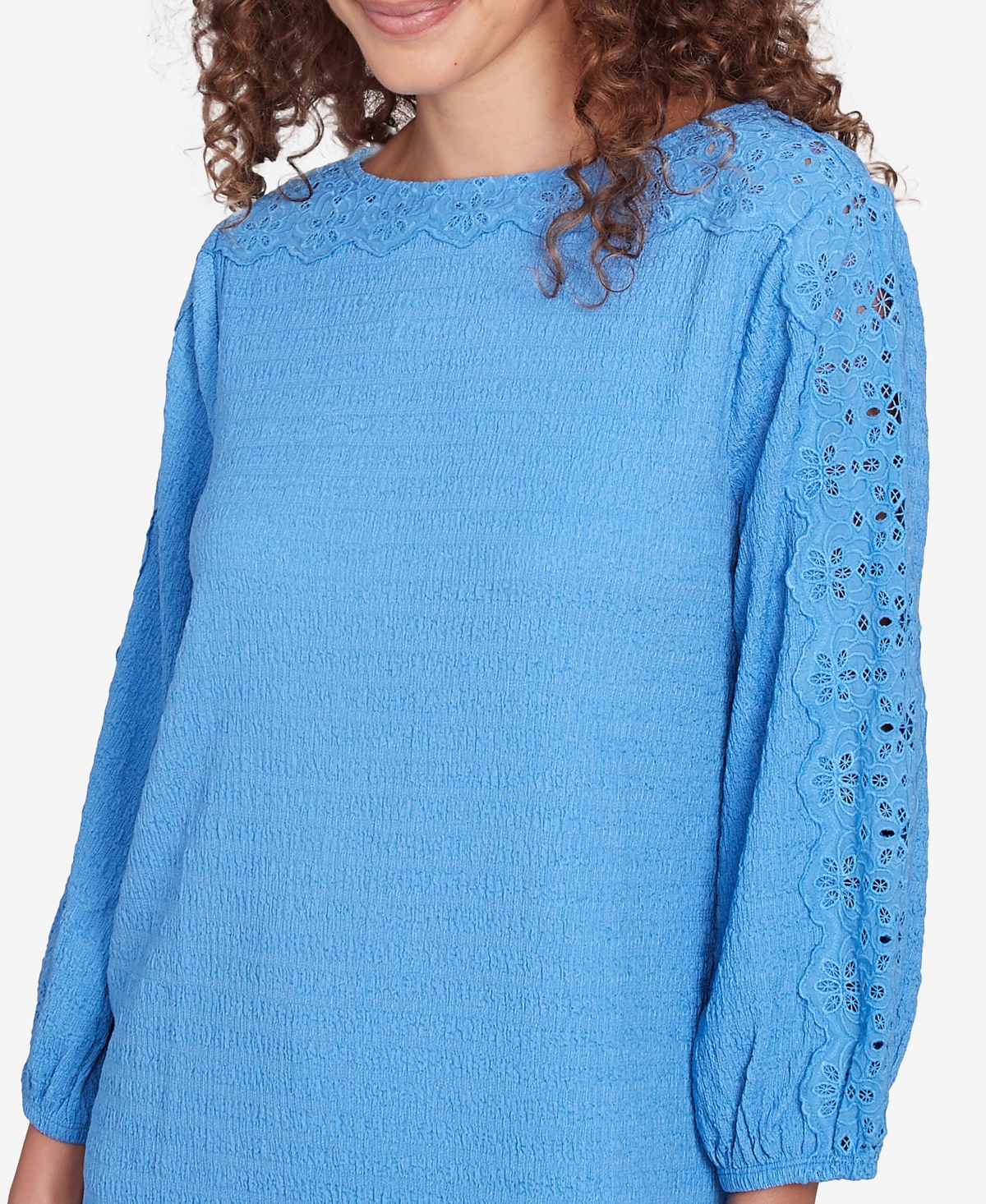 Ruby Rd. Petite Solid Textured Eyelet Sleeve Boat Neck Top In Blue
