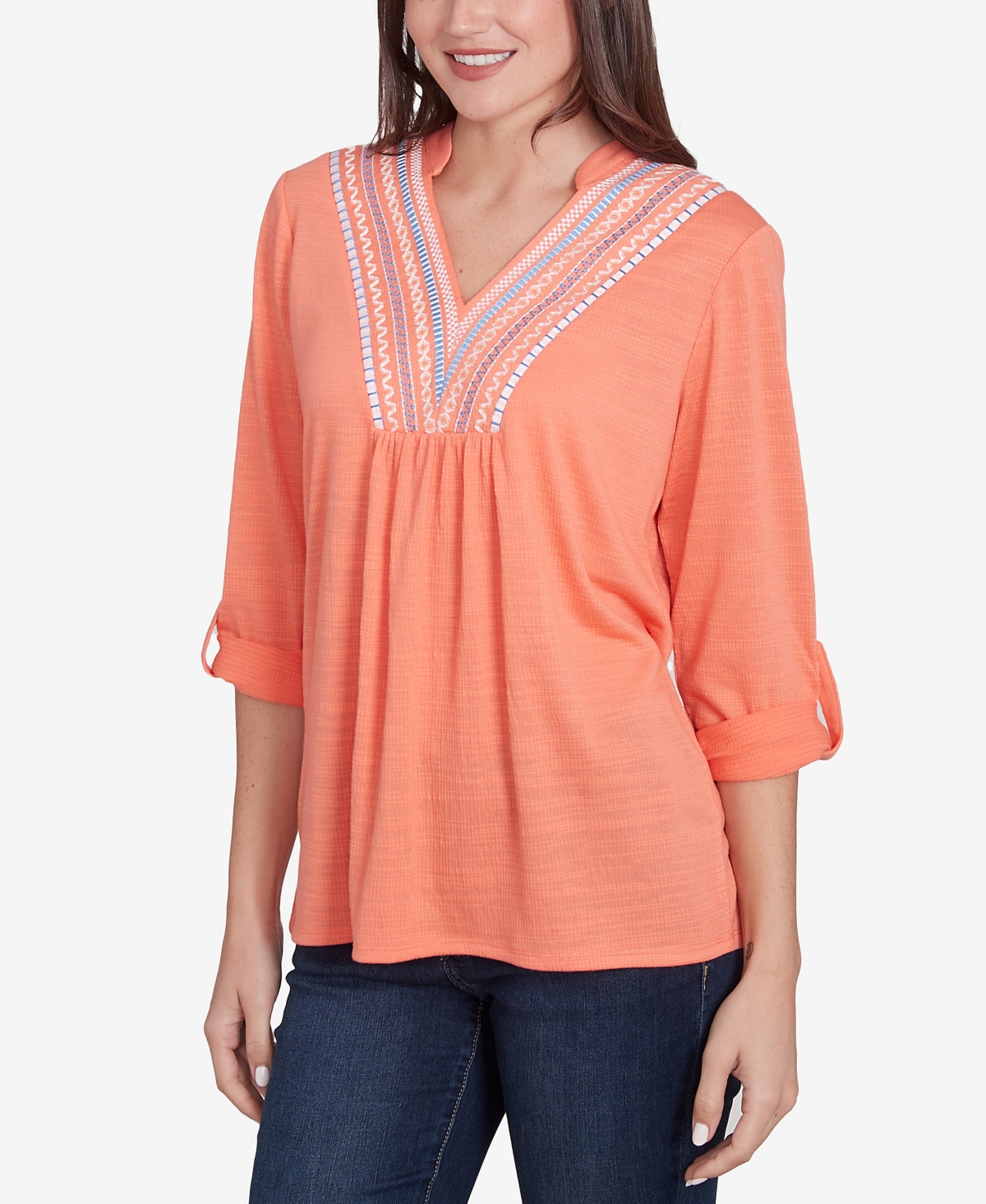 Ruby Rd. Petite Soft Relaxed Textured Trim V-neck Top In Orange Pop