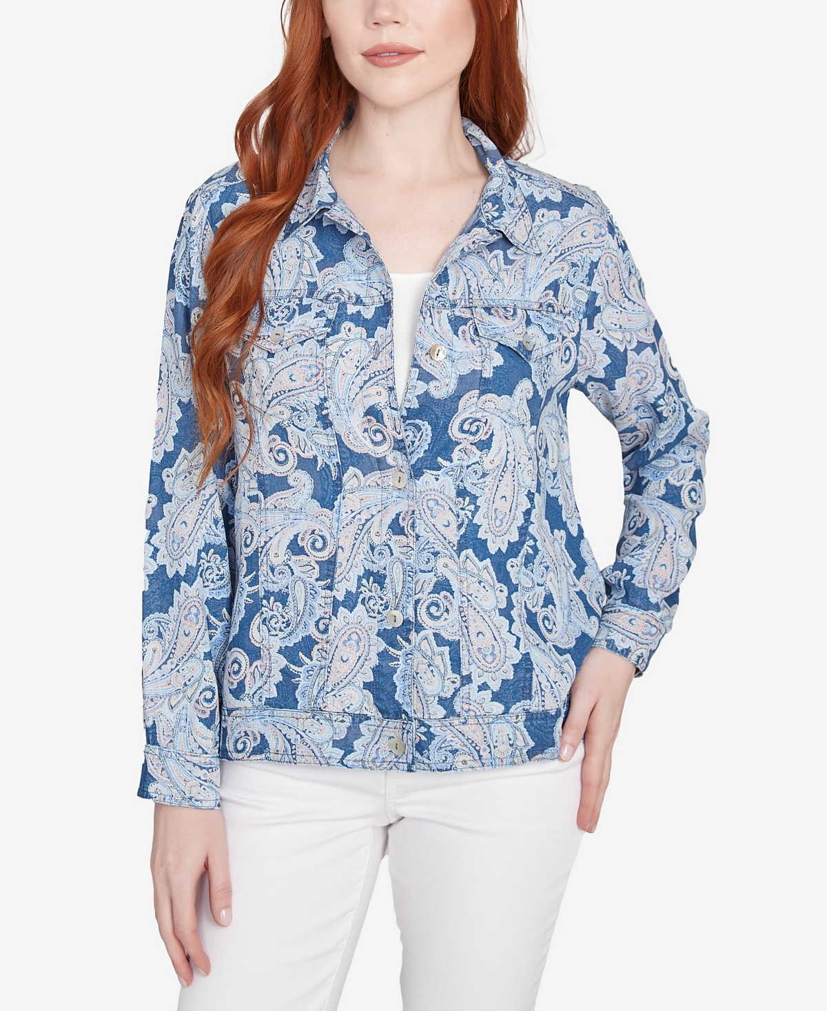 Ruby Rd. Petite Baroque Paisley Soft Button Long Sleeve Jacket In Dark Chambray Multi