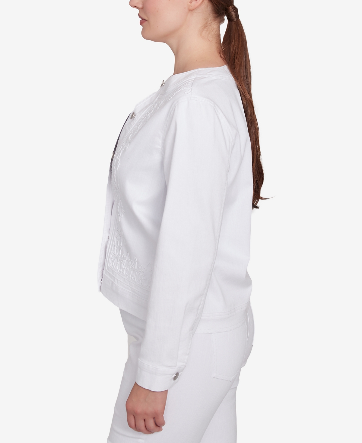Shop Ruby Rd. Petite Dark Stretch Denim Embroidered Jacket In White