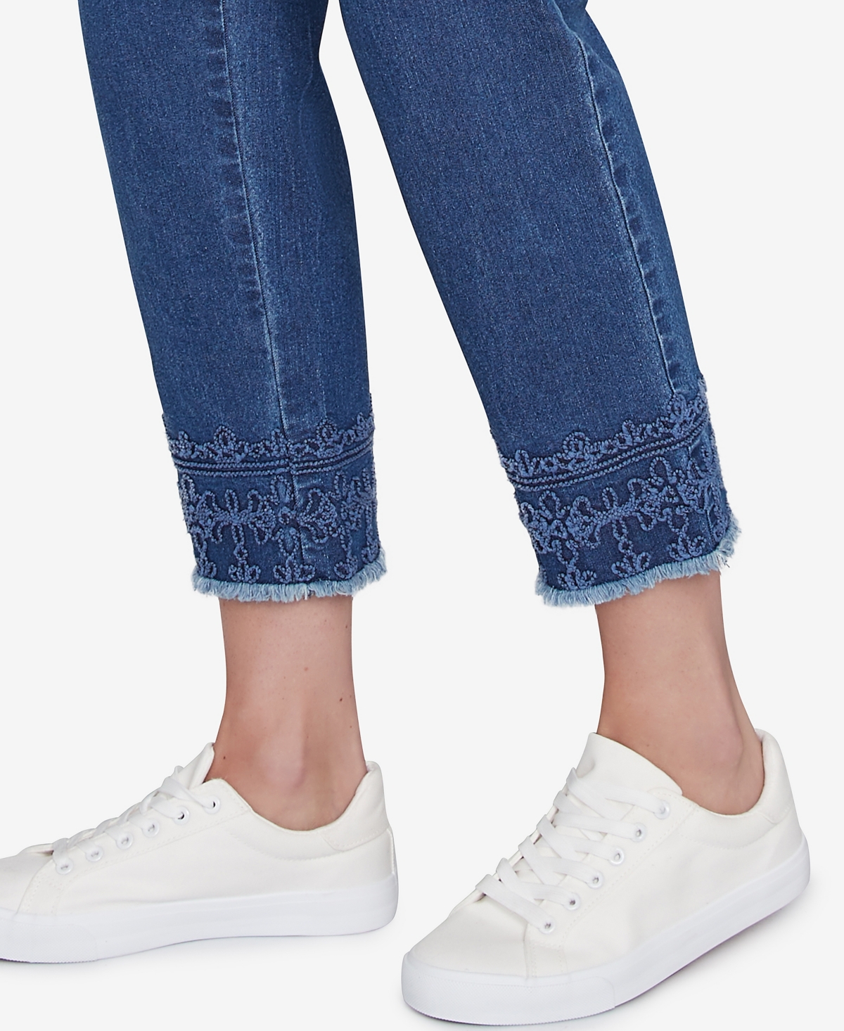 Ruby Rd. Petite Embroidered Extra Stretch Dark Denim Jeans In Blue
