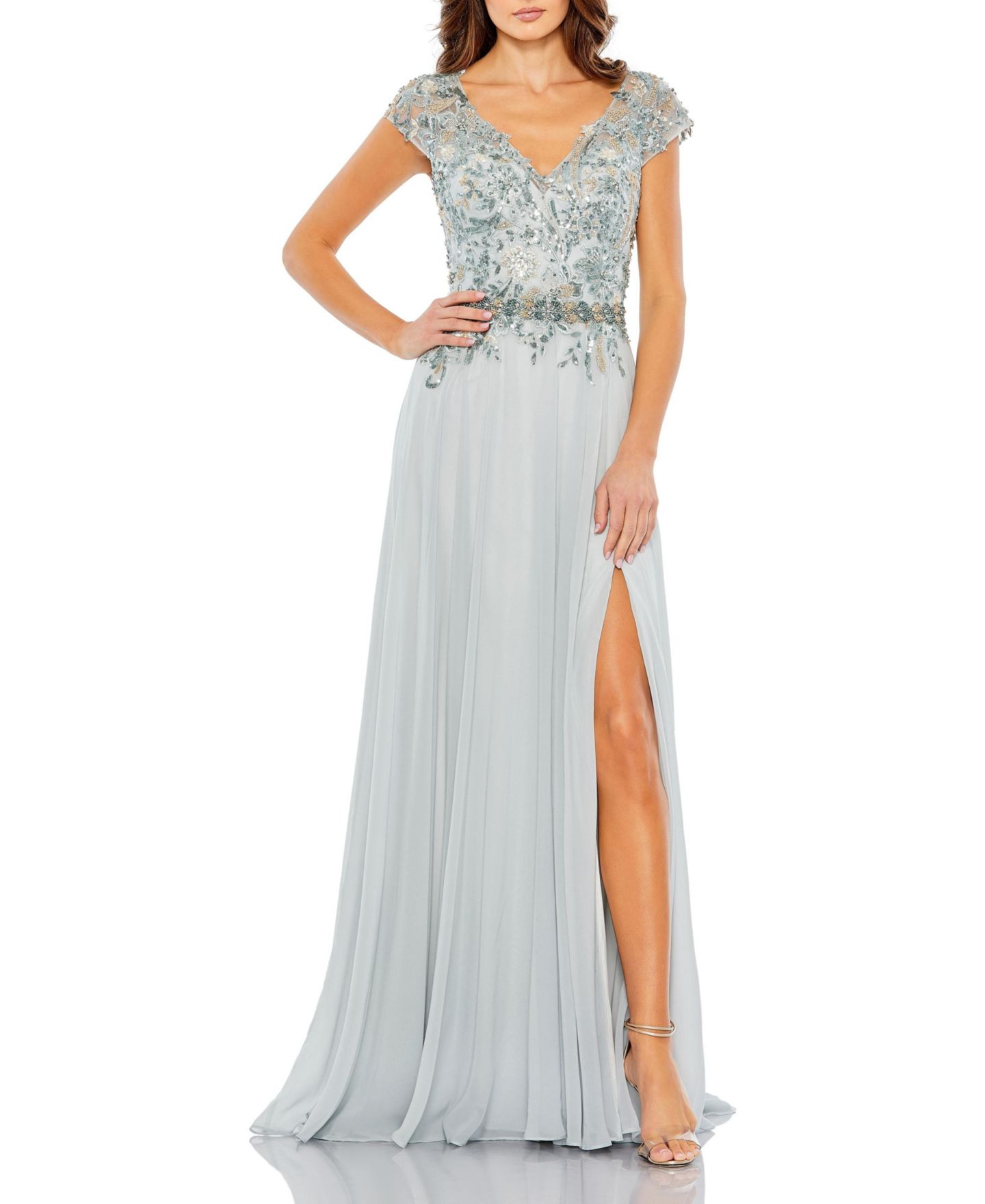 Женская кепка Mac Duggal Embellished Cap Sleeve Bodice Flowy Gown, цвет: Seamist — фото 4
