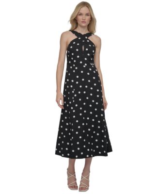 DKNY Women's Polka-Dot Crisscross Halter Midi Dress