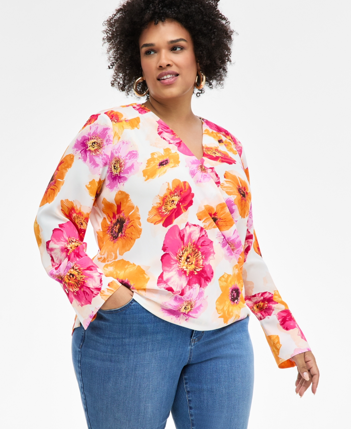 Inc International Concepts Plus Size Cuffed Surplice Blouse, Exclusively At Macy's