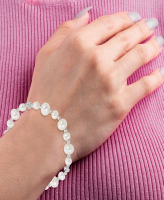 Cultured Freshwater Pearl (5-6 & 8-9mm) & Crystal Bracelet in Sterling Silver