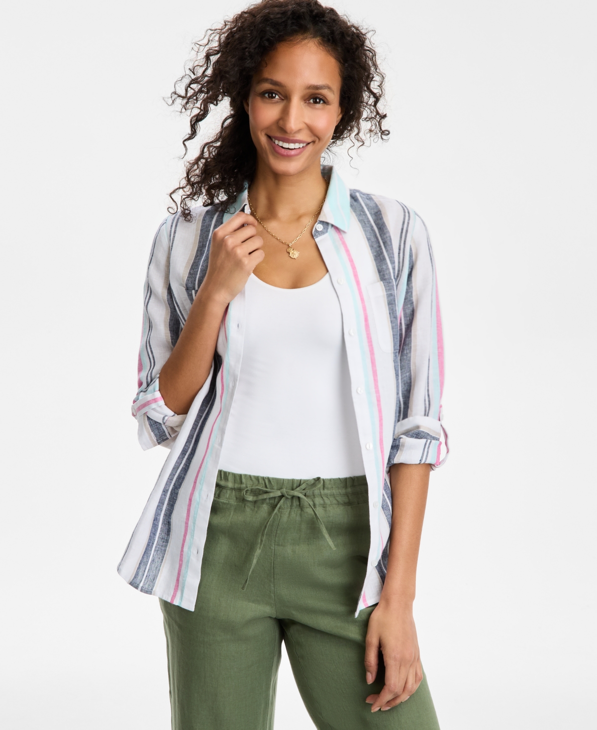 Petite Magnolia Button-Front Linen Top, Exclusively at Macy's - Bright White