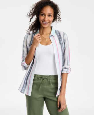 売れ筋商品|||チャータークラブ カットソー トップス レディース Women's Printed 100% Linen Roll-Tab Shirt, Exclusively at Macy's Bright White Combo Charter Club Women's 100% Linen Foliage-Print Roll-Tab Shirt
