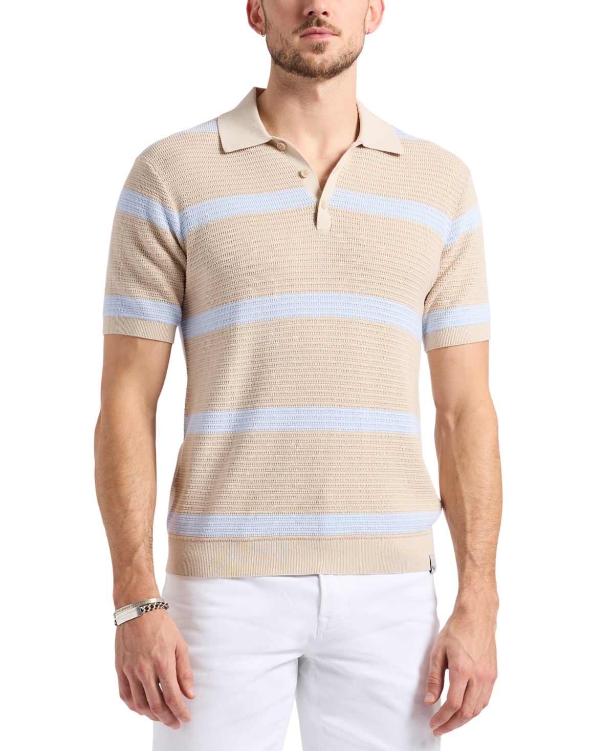 Men's Winder Short Sleeve Textured Striped Polo Sweater - Peyote