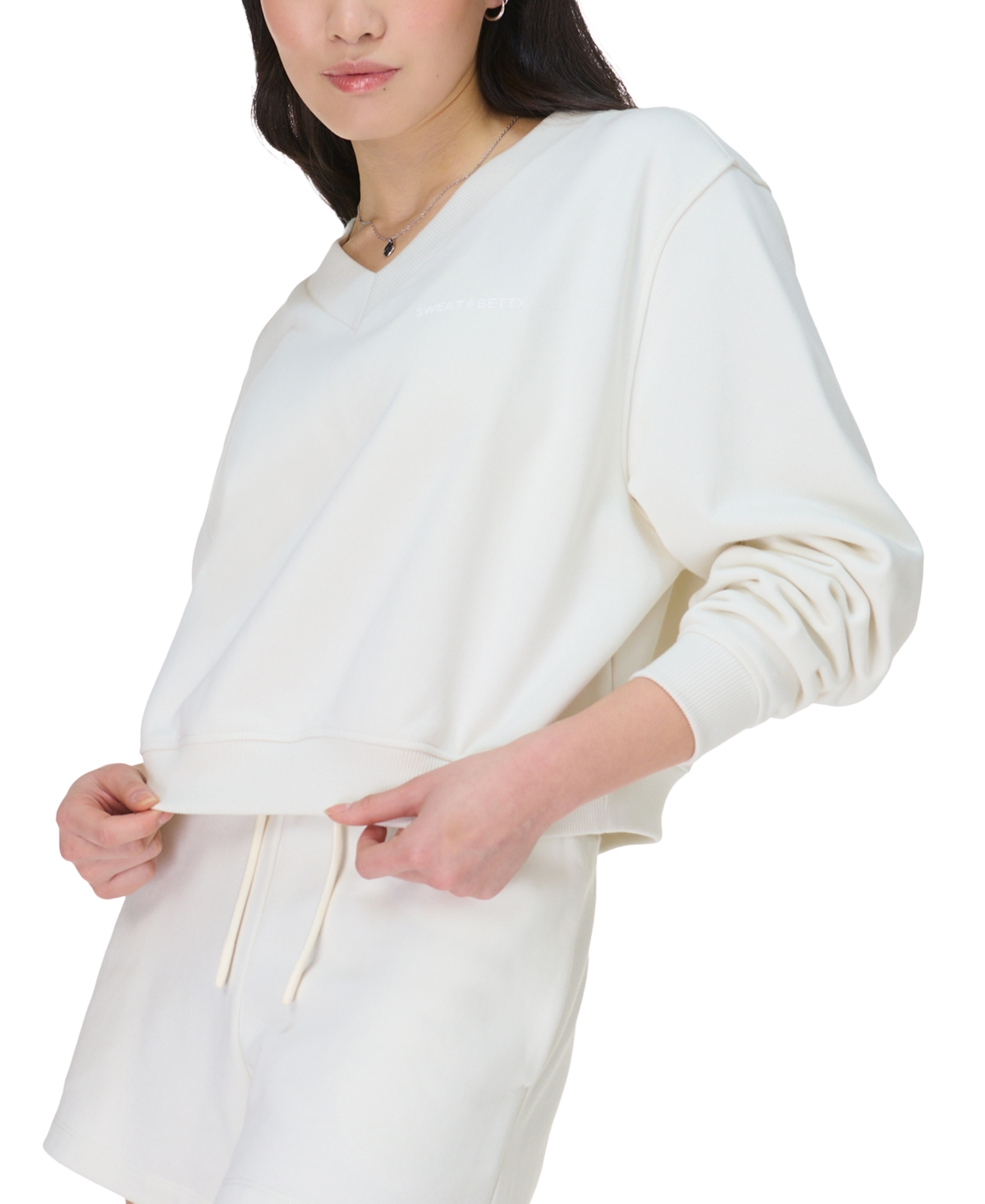 Sweaty Betty Revive Crop V Neck Sweatshirt In Lily White