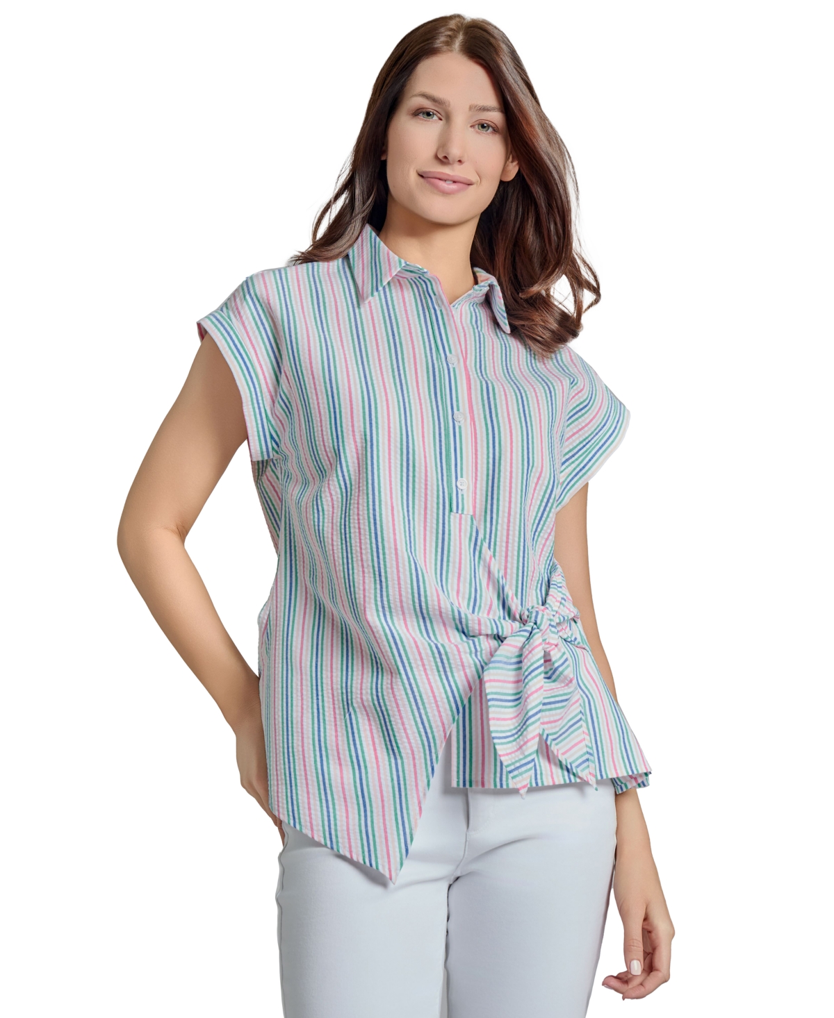 Jones New York Stripe Seersucker Faux Wrap Top In Nyc White Multi