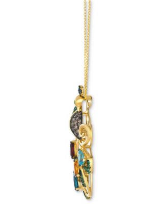 Multi-Gemstone (3-1/5 ct. t.w.) & Chocolate Diamond (1/4 ct. t.w.) Peacock 20" Pendant Necklace in 14k Gold