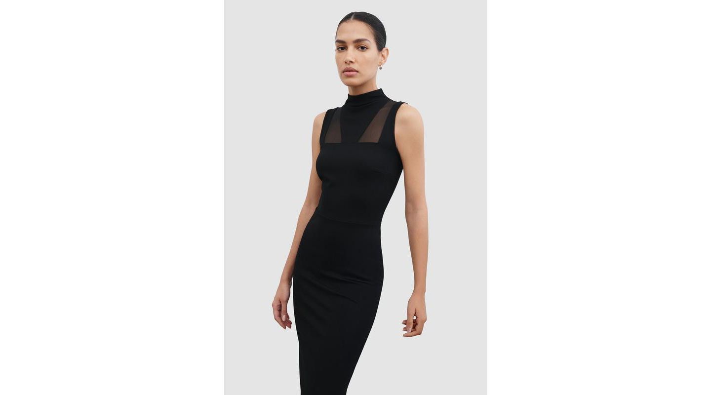 Женское платье Marcella Amelia Mesh-Cutout High-Neck Back-Slit Fitted Evening Midi, цвет: Чёрный — фото 3