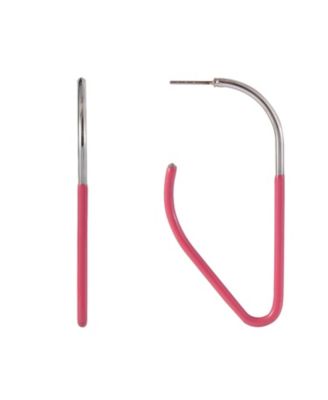 Silver Tone and Pink Enamel Post Triangle Earrings