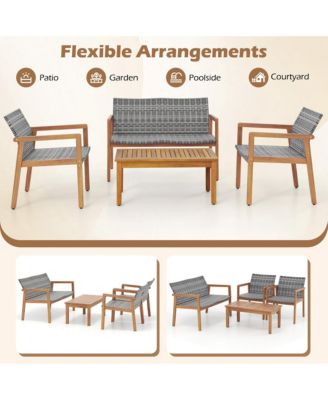 4 Pieces Outdoor Furniture Set Acacia Wood Frame Sofa Set w/ Rattan Seat