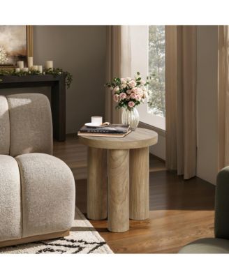 Set of 1 Oak Finish Manufactured Wood Round Side Table with 3 Pillar Legs