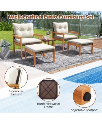 5 Piece Rattan Furniture Set Wood Frame Chairs & Ottomans w/ Square Coffee Table