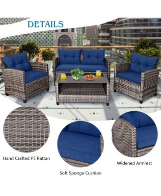 4PCS Rattan Furniture Set Coffee Table Cushioned Sofa Garden Lawn Patio