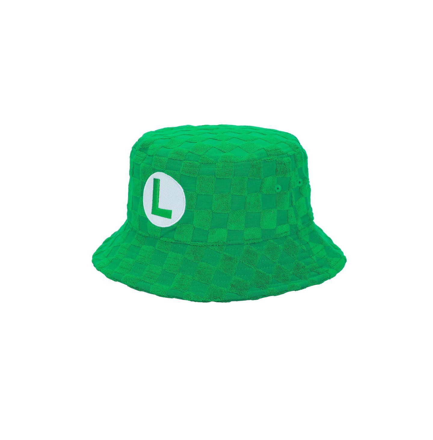 Мужская панама SUPER MARIO Bros Luigi Logo Green Checkered Bucket Hat — фото 2