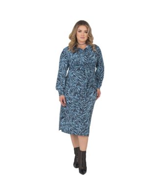 Plus Size Women's Long Sleeve Zebra Print Tie-Front Midi Shirt Dress