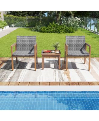 3 Pieces Outdoor Furniture Set Acacia Wood Frame Sofa Set w/ Rattan Seat