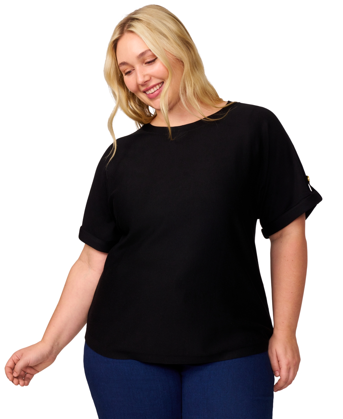 Plus Size Roll-Tab Dolman-Sleeve Sweater - Jet Black