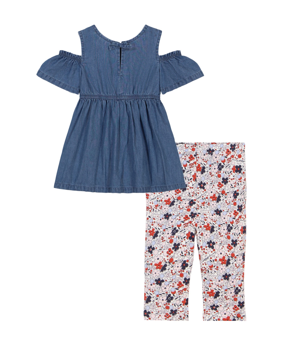 TOMMY HILFIGER TODDLER AND LITTLE GIRLS 2-PIECE DENIM LOOK TUNIC AND PRINTED CAPRI LEGGINGS SET 