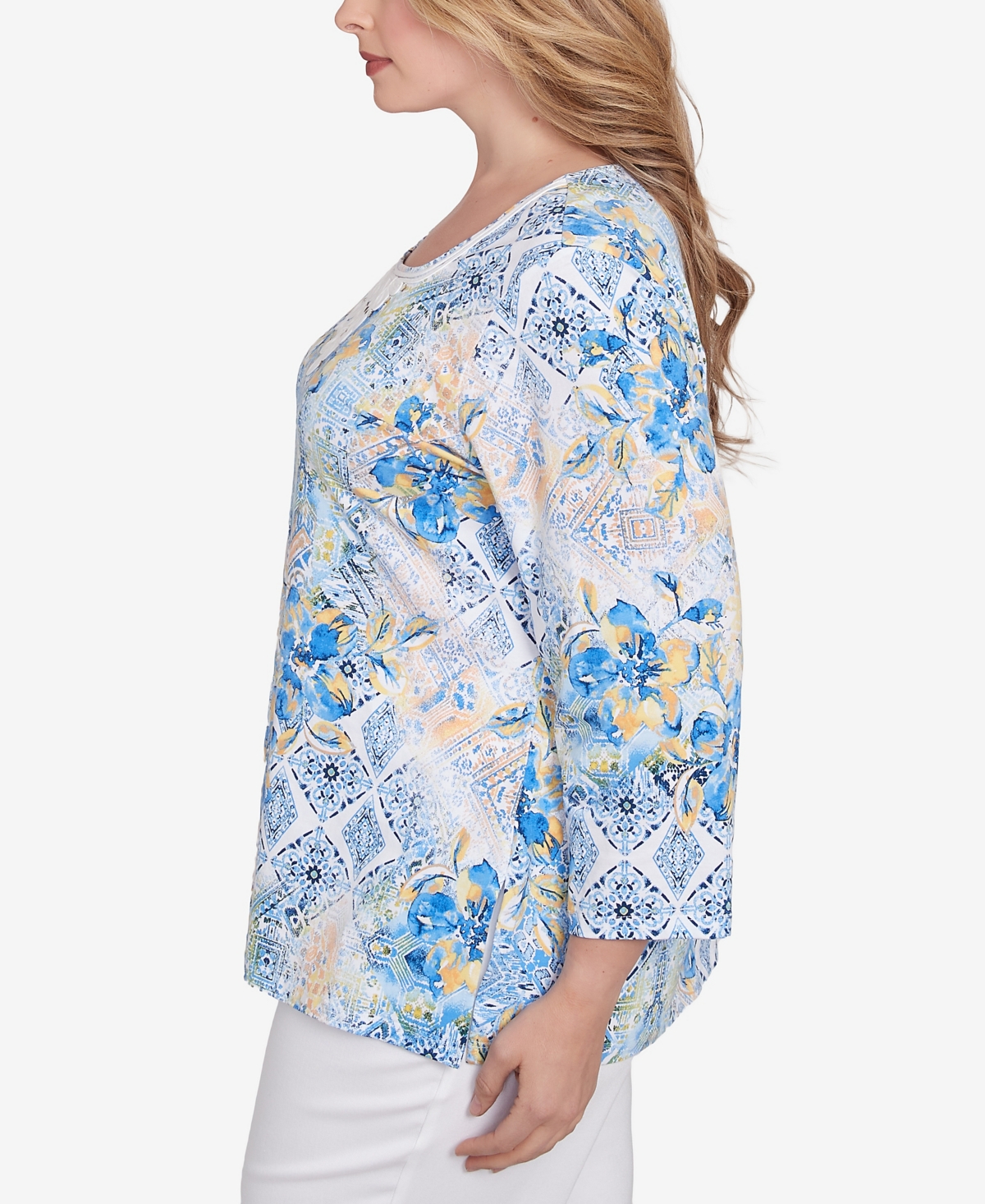 Ruby Rd. Plus Size Watercolor Floral Patchwork 3/4 Sleeve Top In Blue