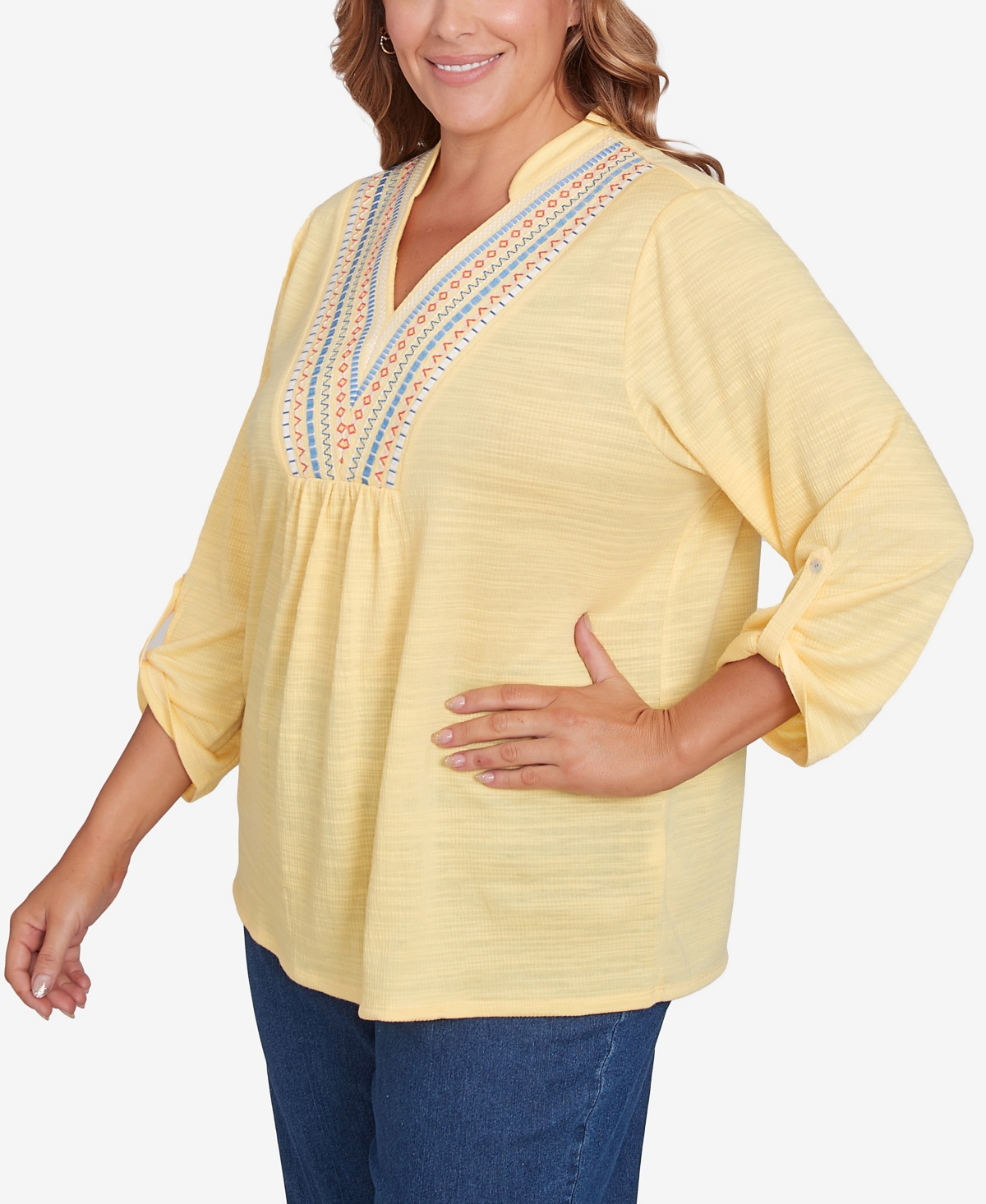 Ruby Rd. Plus Size Soft Relaxed Textured V-neck Trim Top In Lemon