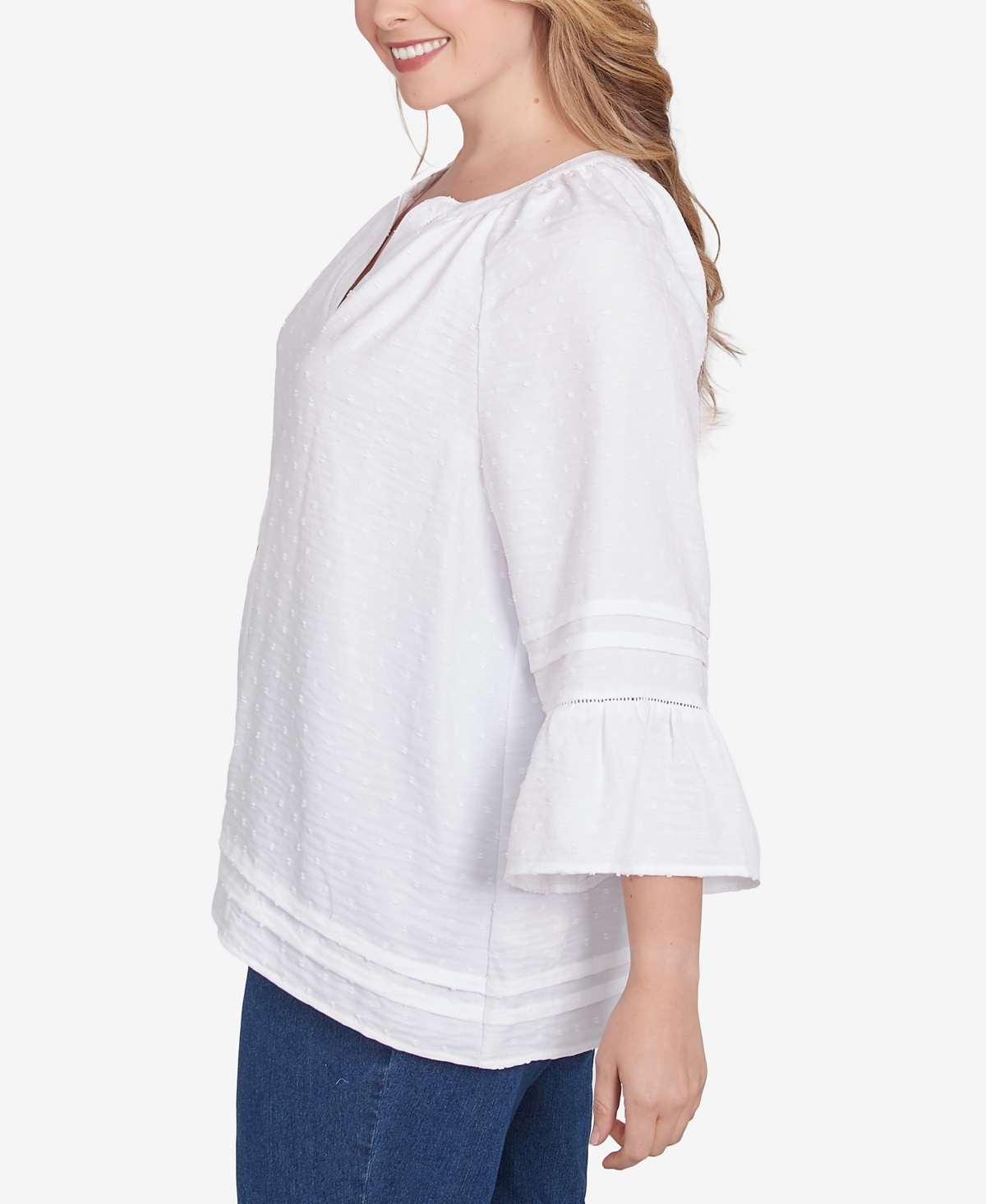 Ruby Rd. Plus Size Clip Dot Button Front Flared Sleeve Top In White
