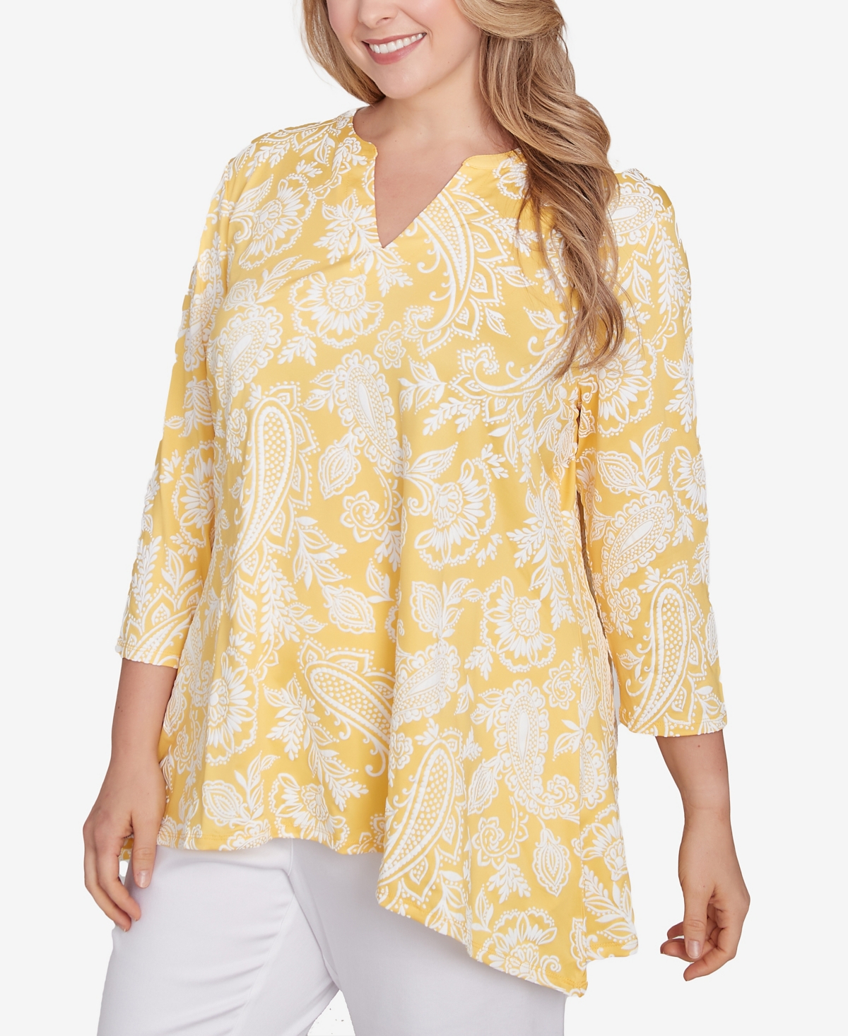 Ruby Rd. Plus Size Jacobean Paisley Puff Print V-neck Top In Lemon Multi