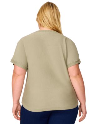 Plus Size  Zigzag-Trim Button-Shoulder Sweater, Exclusively at Macy's