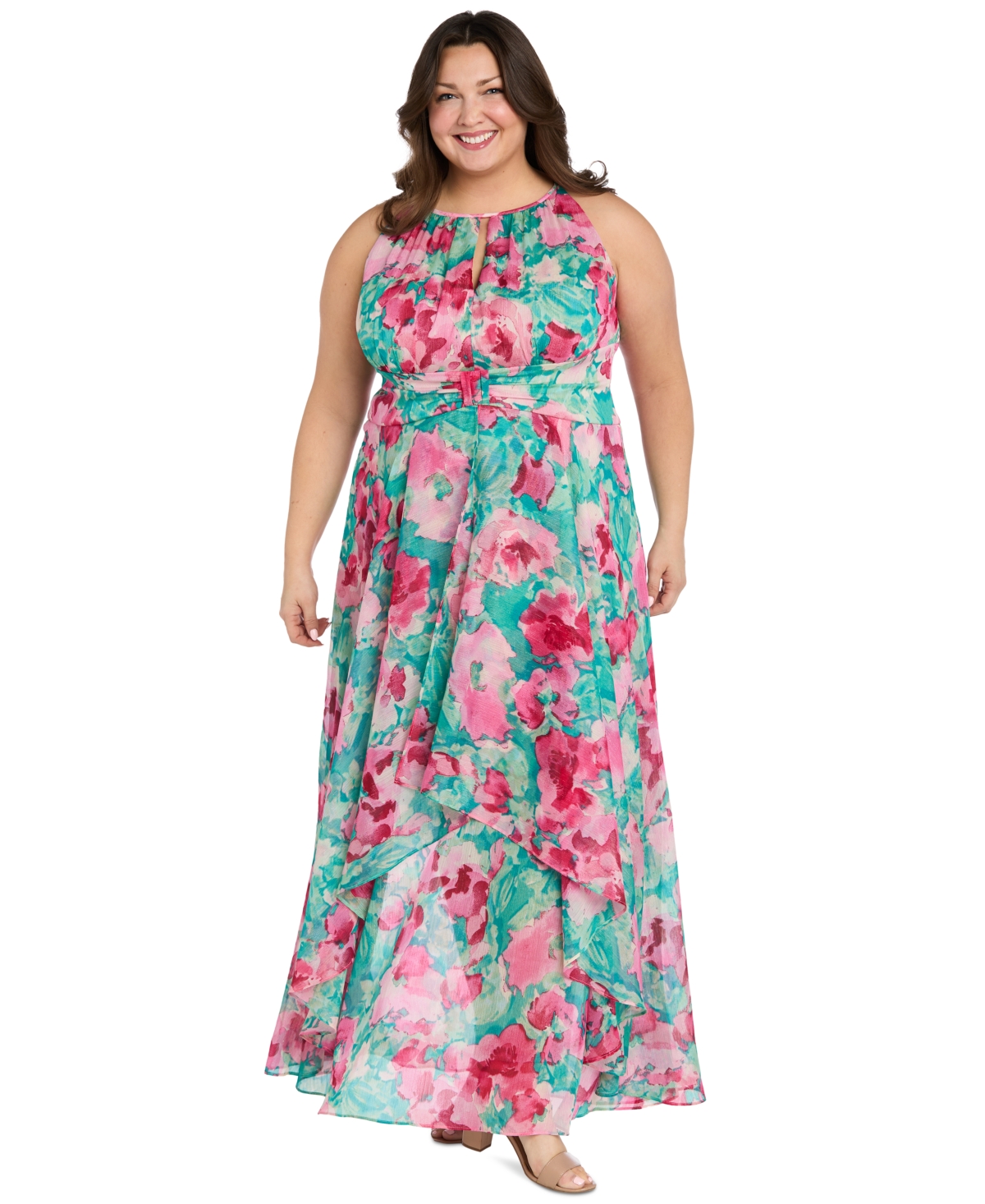 Plus Size Printed Overlay-Skirt Maxi Dress - Jade/Pink