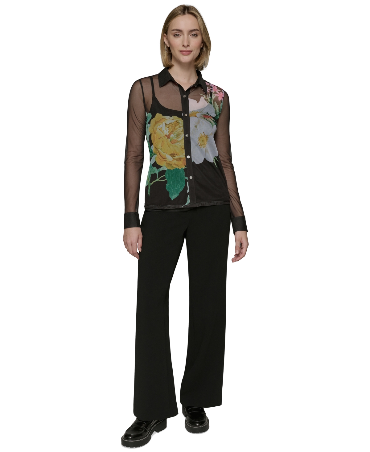 Shop Karl Lagerfeld Petite Sheer Floral Button-up Shirt In Black