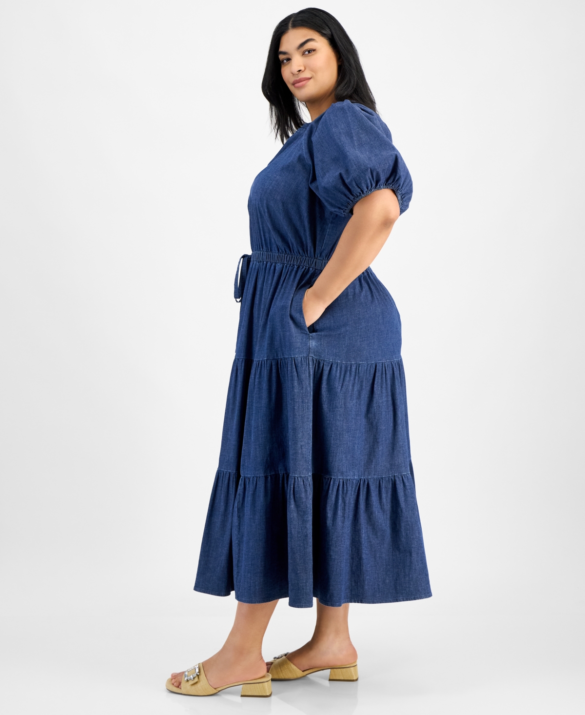 Anne Klein Plus Size Puff-sleeve Tiered Midi Dress In Dark Wash