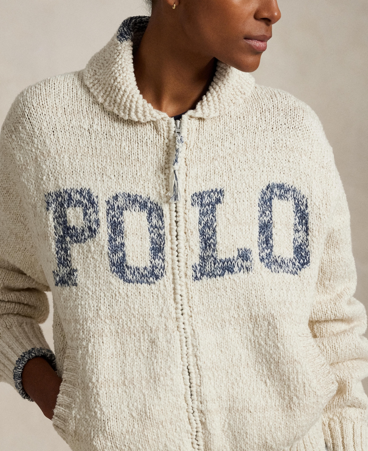 Polo Ralph Lauren Logo Cotton Zip-up Sweater In Cream,blue Multi